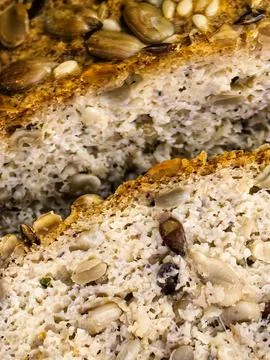 Macro Detail of Sliced Keto Bread with Mixed Seeds Stock Photos
