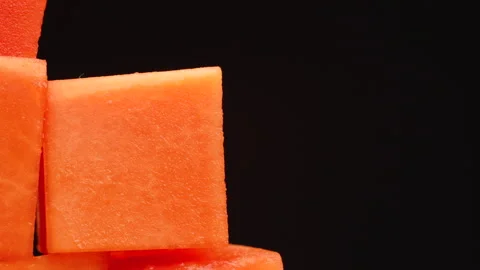 Macro Diced Papaya Cubes Stack Static Shot Black Background Copy Space Stock Footage 319963376