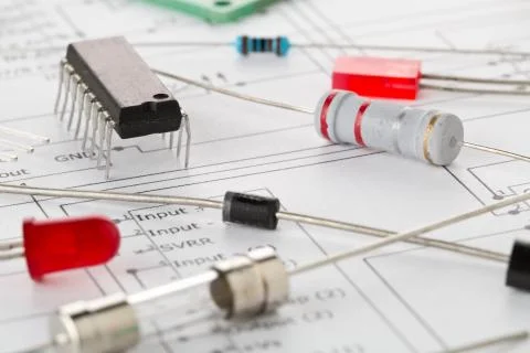 Macro of different electronic parts or components on pcb wiring diagram with  Stock Photos
