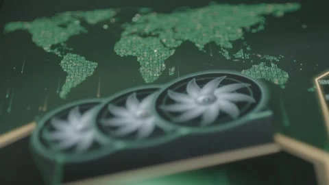 Macro digital interface places a triple fan GPU Stock Footage 342487336