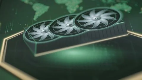 Macro digital interface places a triple fan GPU Stock Photos