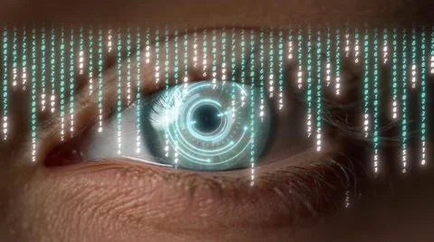 Macro digital matrix eye numbers scrolling hacker calculate data web connecting Foto stock
