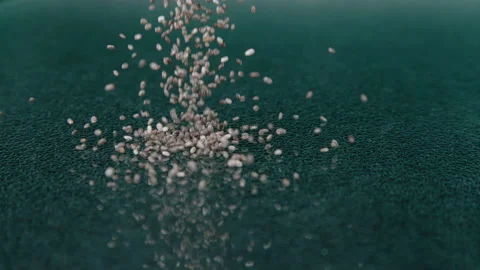 MACRO, DOF: Tiny black chia seeds get scattered across an empty dining table. Stock Footage 166542312