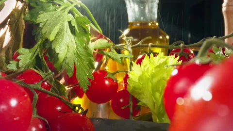 Macro dolly plan of fresh red cherry tomatoes. Shot on Laowa Macro Probe Stock Footage 137317965