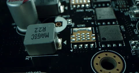 Macro dolly shot side view of a computer electrical circuit with cip, slots Stock Footage 197077054