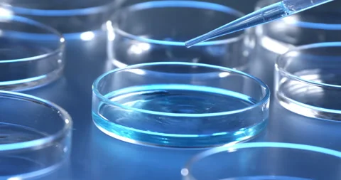 Macro of dripping drop of DNA sample molecules added to petri dish in laboratory Stock Footage 268450938