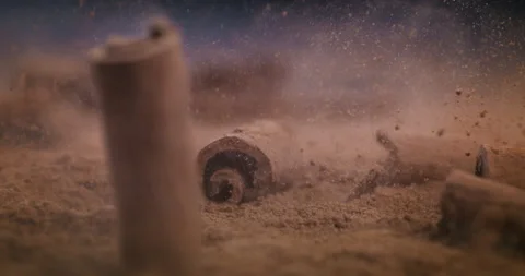 Macro of dry cinnamon sticks fall on aromatic cannella powder on wooden table Stock Footage 268987515