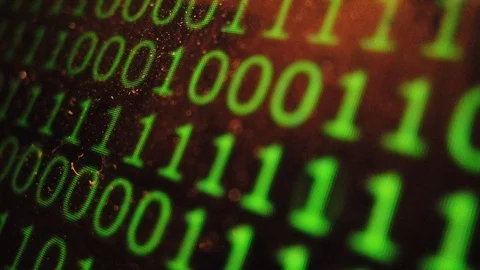 Macro dusty and old computer screen display with running binary code Stock Footage 111436219