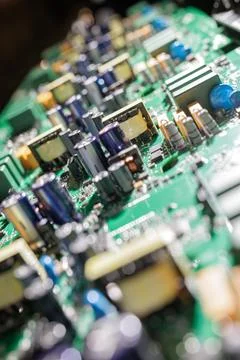 Macro electronic power circuit board with populated components Stock Photos