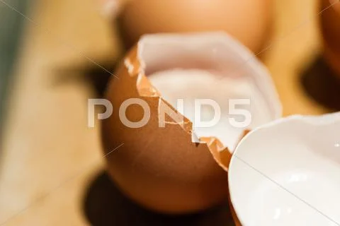 Macro of empty cracked brown egg shells Stock Photos