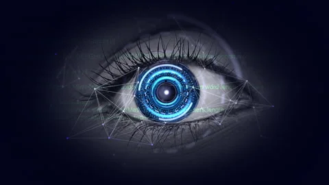 Macro eye and computer coding with plexus Video stock 249877826