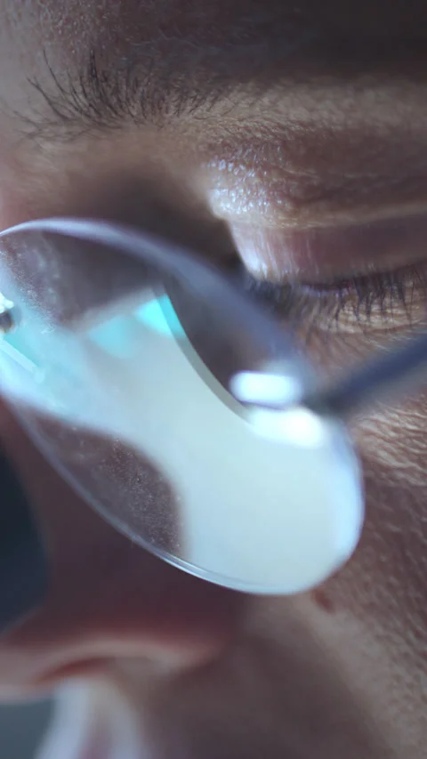Macro of Eyes of Laboratory Scientist Looking into Microscope Eyepiece Vídeo Stock 337320492