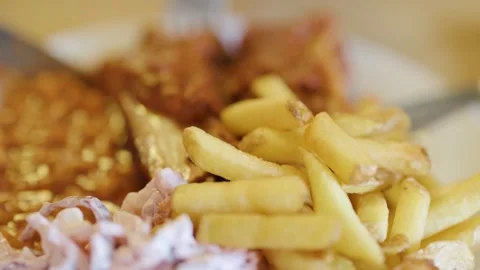 Macro  of Fish and Chips with Coleslaw Stock Footage 315329410