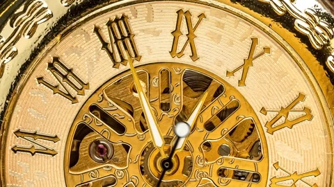Macro footage of gold skeleton pocket watch mechanism with moving hands and.. Stock Footage 337358737