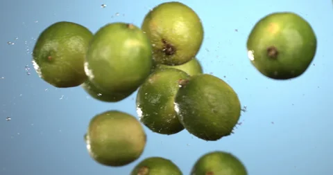 Macro of fresh bio green lime lemon fruit flying with splashing water drops Stock Footage 269929936