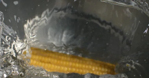 Macro of fresh organic yellow corn maize cob falling in pot with boiling water Stock Footage 268408869