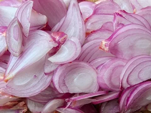 Macro Full Frame of Freshly Sliced Raw Shallots as Cooking Ingredients Stock Photos