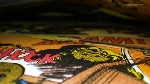 Macro of a generic golden age comic book Stock Footage