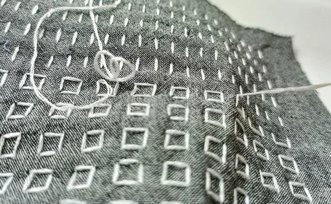 Macro Hand Embroidery with White Thread on Dark Fabric – Geometric Pattern Stock Photos