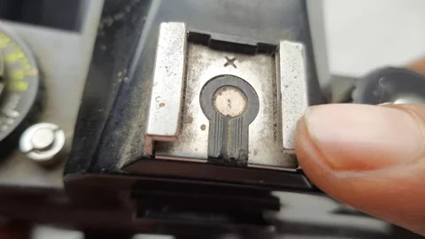 Macro Hand Holding Camera Flash Hot Shoe Socket Stock Footage 310176513