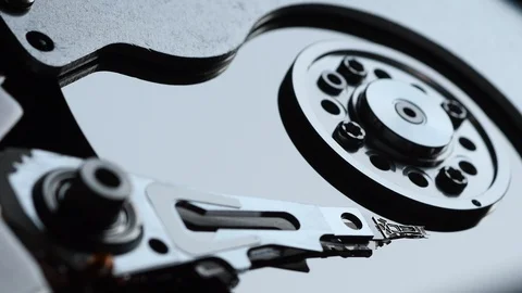 Macro of an Hard Disk Drive, Close up of an opened hard disk drive Stock Footage 104980812