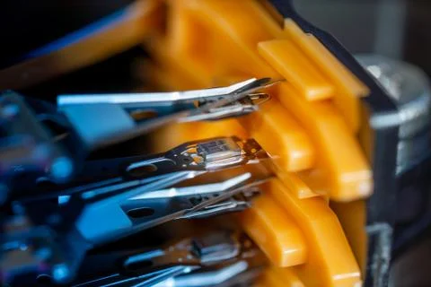 Macro hard disk drive HDD head. Stock Photos