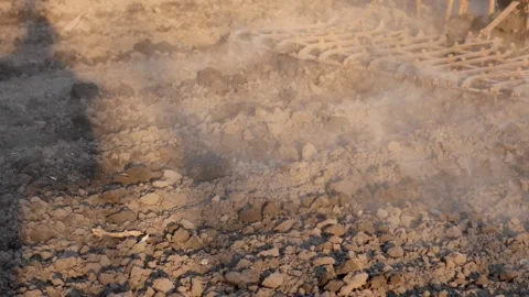 Macro of harrow plowing dry soil at sunset, farming background. Video stock 334481654