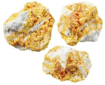 Macro image of a collection of natural rocks set of Orpiment mineral stones on Stock Photos