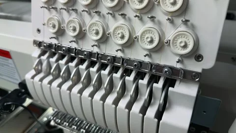 Macro of Industrial Embroidery Machine Upper Head Assembly: Thread Tension .. 스톡 동영상 332206013