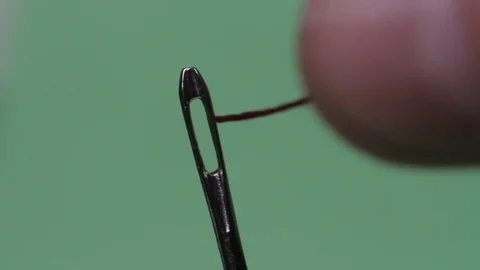 Macro, insert a thread in the needle on a green background Stock Footage 71241794