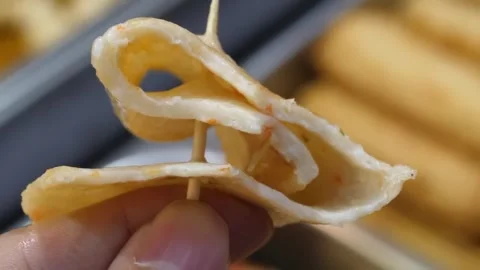 Macro of Korean Fish Cake Skewer (Eomuk or Odeng) with Toothpick Popular Asian S Stock Footage 337374881