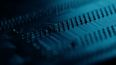 Macro layout channels signal across engineered motherboard in structured flow. Stock Footage 332671449