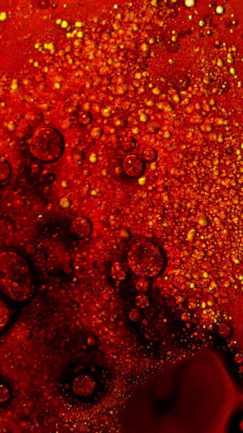 Macro liquid bubbles shift through red and black pigment in bright light Stock Footage 344983808