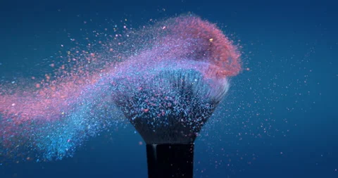 Macro of makeup brushes with flying cosmetic product powder particles splash Stock Footage 268979603