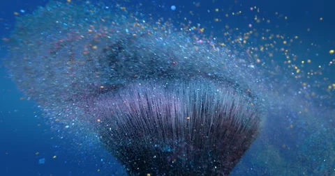 Macro of makeup brushes with flying cosmetic product powder particles splash Stock Footage 268980010