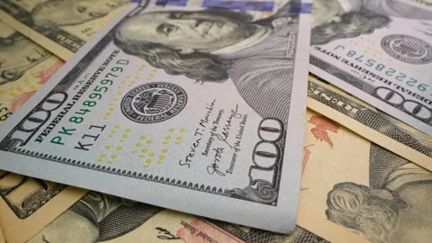 Macro many 100 american dollar bills. Cash money banknotes. Franklin's face Stock Footage 240930929