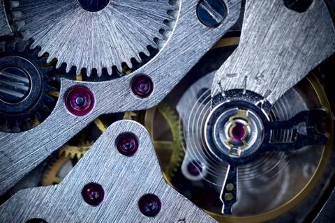 Macro mechanical gear background / clockwork Stock Photos