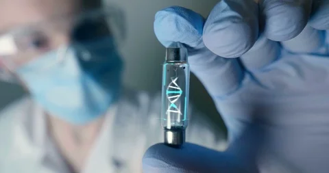 Macro of micro hi tech dna molecule is analyzed with microscope. Stock Footage 115119401