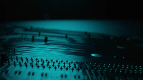 Macro microchip electric board executing tasks. Closeup processor pattern Stock Footage 332673701