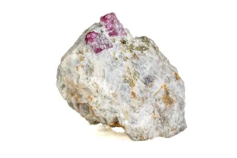 Macro mineral stone Ruby in rock on white background 库存照片