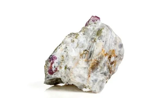 Macro mineral stone Ruby in rock on white background 스톡 사진