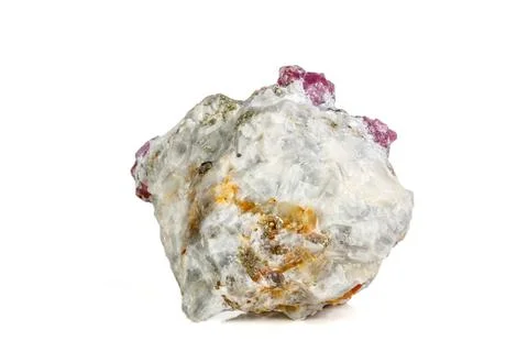 Macro mineral stone Ruby in rock on white background 库存照片
