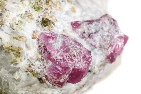 Macro mineral stone Ruby in rock on white background 스톡 사진