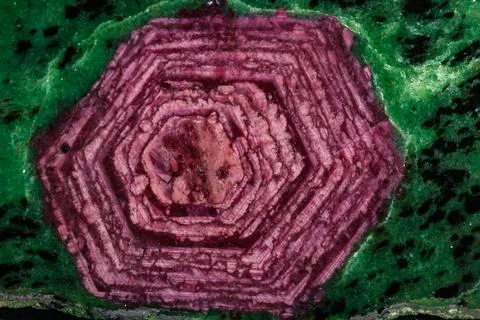 Macro of mineral stone ruby in rock on black background Stock Photos