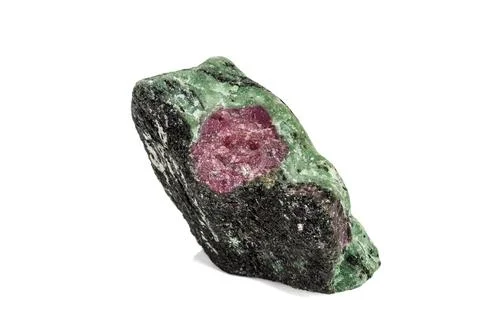 Macro of mineral stone ruby in rock on white background Stock Photos