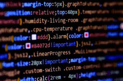 Macro of minified javascript file. Computer programming source code for HTML Foto stock