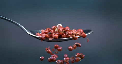 Macro of mixed peppercorn seeds falling in silver spoon on dark background Stock-Footage 268979711