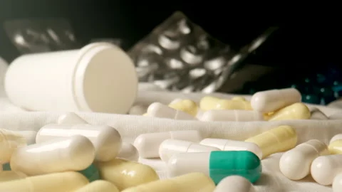 MACRO: Motion over many pills on a bed Stock Footage 202066119