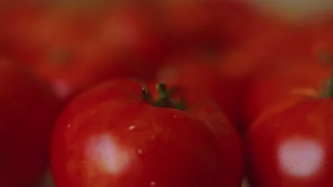 Macro, moving forward on ripe tomatoes lying on the kitchen table Stock Footage 205036990