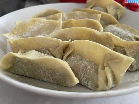 Macro Of Multiple Raw Folded Pork And Vegetable Dumplings On Plate Photos